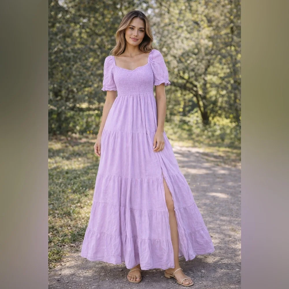 Abercrombie & Fitch Lavender Maxi Dress with Puff Sleeves